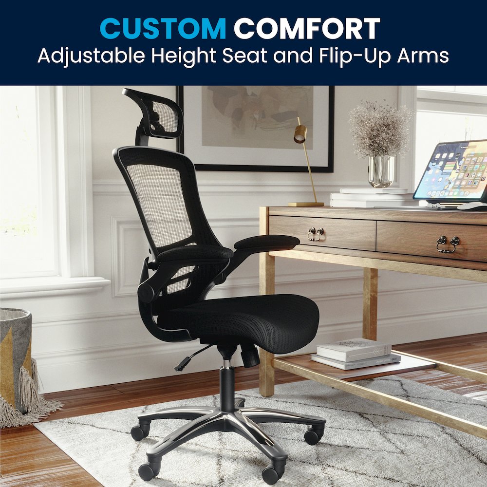High-Back Black Mesh Swivel Executive Office Chair and Adjustable Headrest. Picture 14