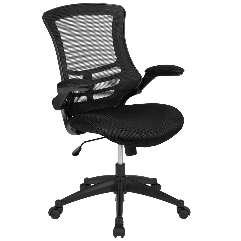 Mid-Back Black Mesh Swivel Ergonomic Task Office Chair with Flip-Up Arms, BIFMA Certified. Picture 1