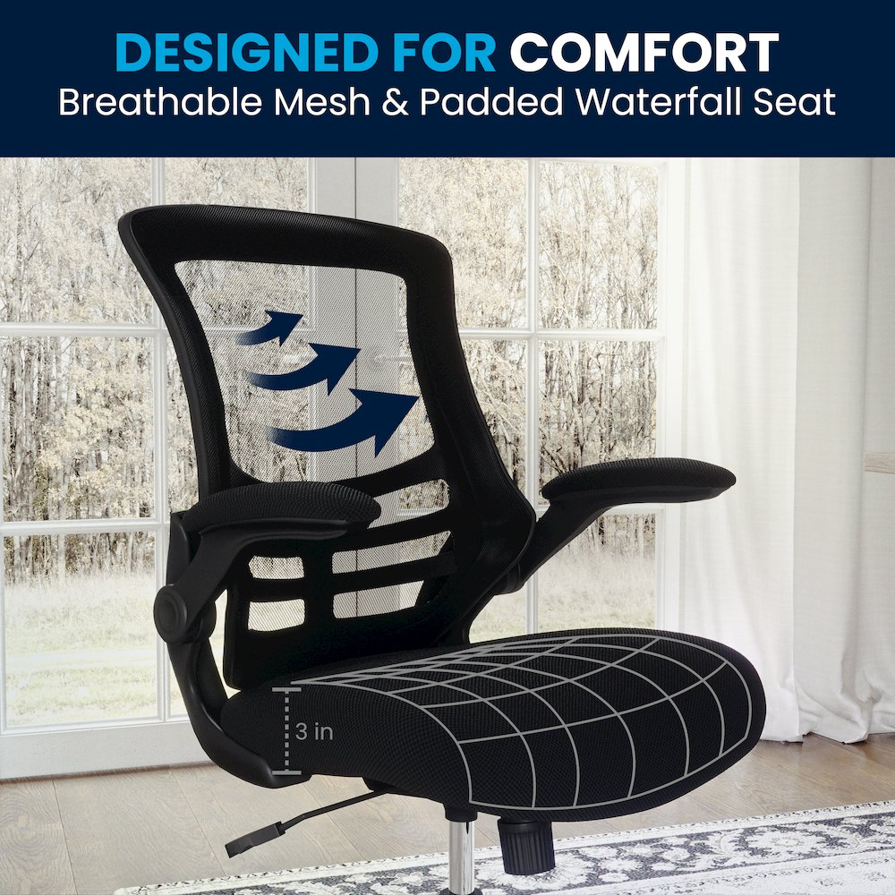 Mid-Back Black Mesh Swivel Ergonomic Task Office Chair with Flip-Up Arms. Picture 9
