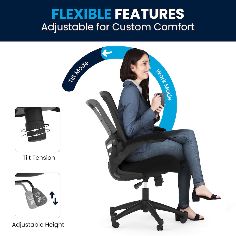 Mid-Back Black Mesh Swivel Ergonomic Task Office Chair with Flip-Up Arms. Picture 10