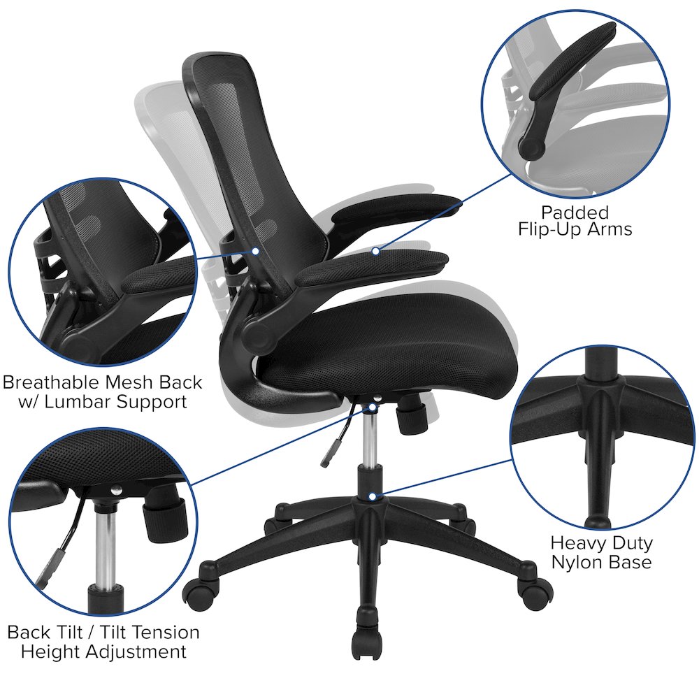 Mid-Back Black Mesh Swivel Ergonomic Task Office Chair with Flip-Up Arms. Picture 11