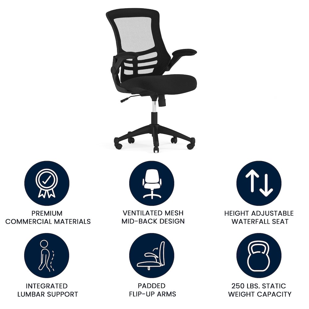 Mid-Back Black Mesh Swivel Ergonomic Task Office Chair with Flip-Up Arms. Picture 5