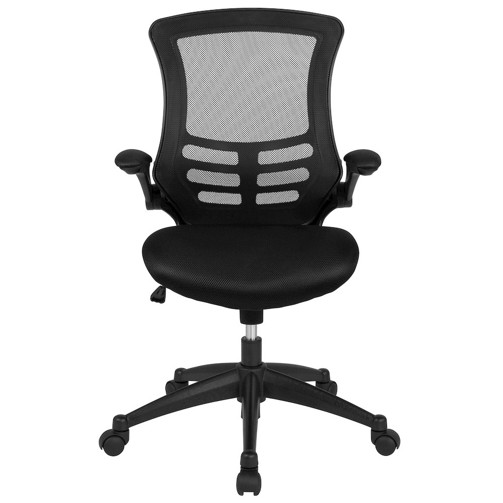 Mid-Back Black Mesh Swivel Ergonomic Task Office Chair with Flip-Up Arms. Picture 19