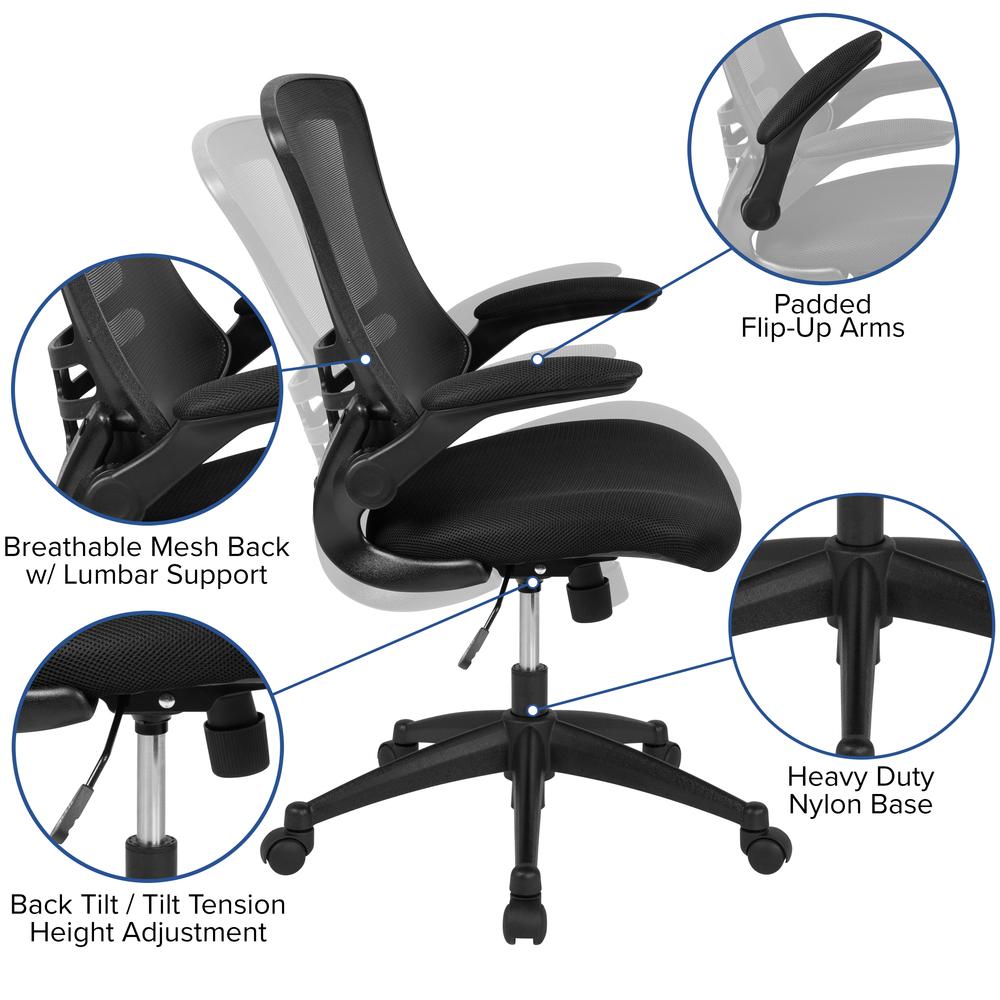 Mid-Back Black Mesh Swivel Ergonomic Task Office Chair with Flip-Up Arms, BIFMA Certified. Picture 6