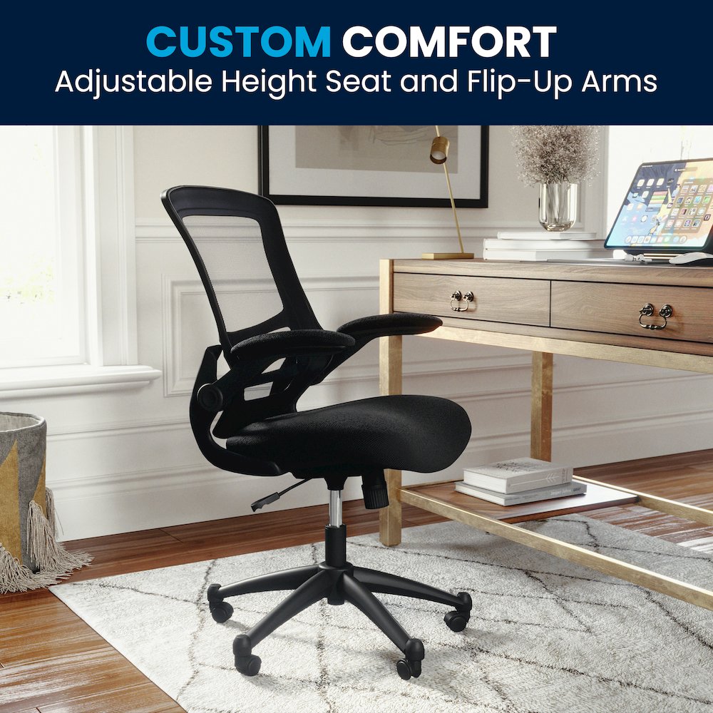 Mid-Back Black Mesh Swivel Ergonomic Task Office Chair with Flip-Up Arms. Picture 14