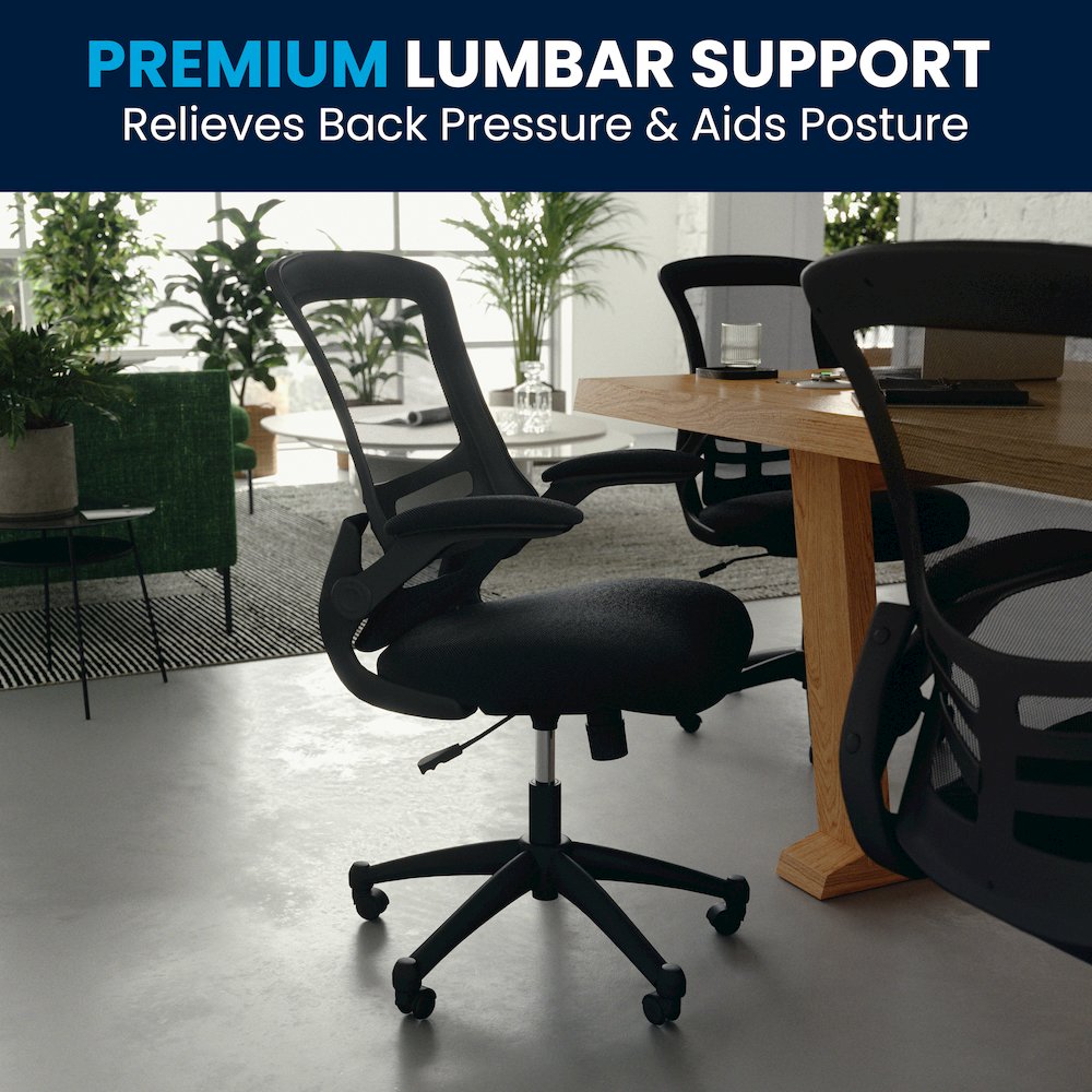 Mid-Back Black Mesh Swivel Ergonomic Task Office Chair with Flip-Up Arms. Picture 15