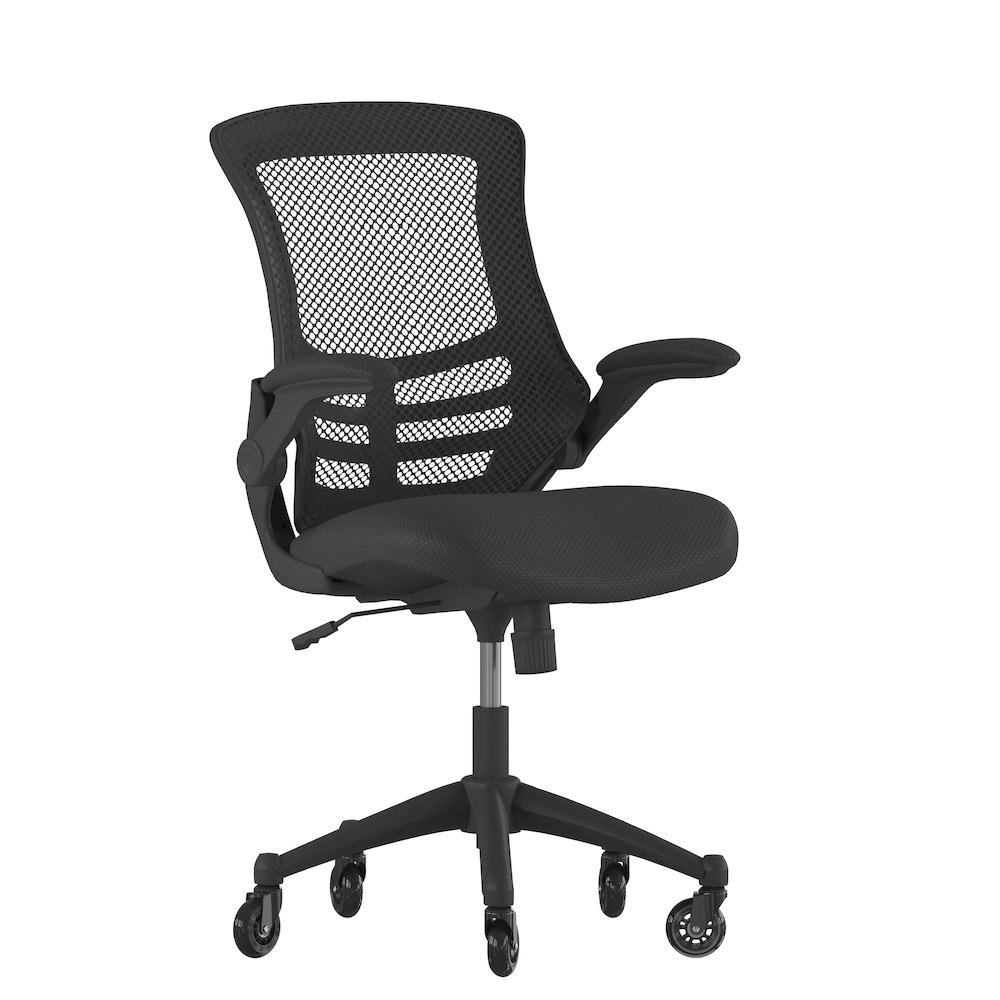 Mid-Back Black Mesh Swivel Task Office Chair with Flip-Up Arms and Roller Wheels. Picture 1