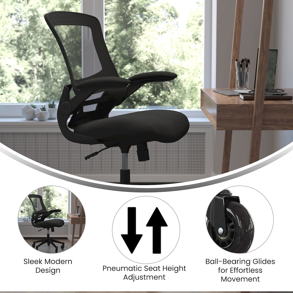 Mid-Back Black Mesh Swivel Task Office Chair with Flip-Up Arms and Roller Wheels. Picture 4