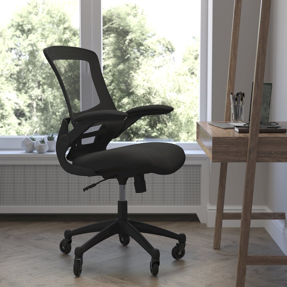Mid-Back Black Mesh Swivel Task Office Chair with Flip-Up Arms and Roller Wheels. Picture 2
