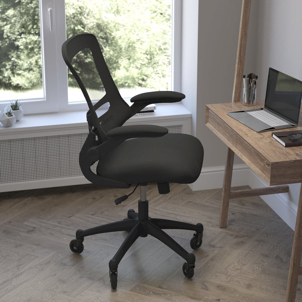 Mid-Back Black Mesh Swivel Task Office Chair with Flip-Up Arms and Roller Wheels. Picture 6