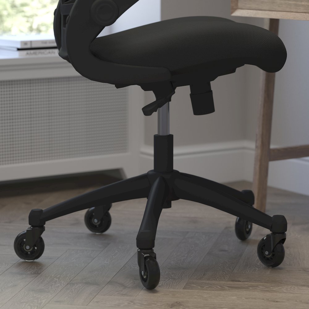 Mid-Back Black Mesh Swivel Task Office Chair with Flip-Up Arms and Roller Wheels. Picture 7