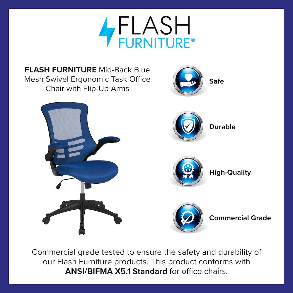 Mid-Back Blue Mesh Swivel Ergonomic Task Office Chair with Flip-Up Arms. Picture 4