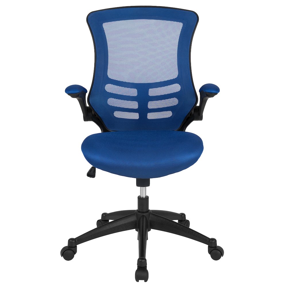 Mid-Back Blue Mesh Swivel Ergonomic Task Office Chair with Flip-Up Arms. Picture 11