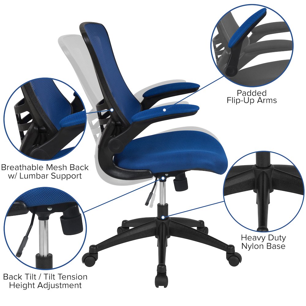 Mid-Back Blue Mesh Swivel Ergonomic Task Office Chair with Flip-Up Arms. Picture 6
