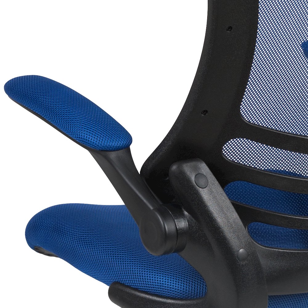 Mid-Back Blue Mesh Swivel Ergonomic Task Office Chair with Flip-Up Arms. Picture 14