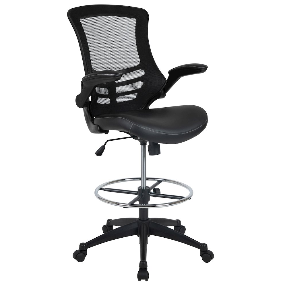 Mid-Back Black Mesh Ergonomic Drafting Chair with LeatherSoft Seat. Picture 1