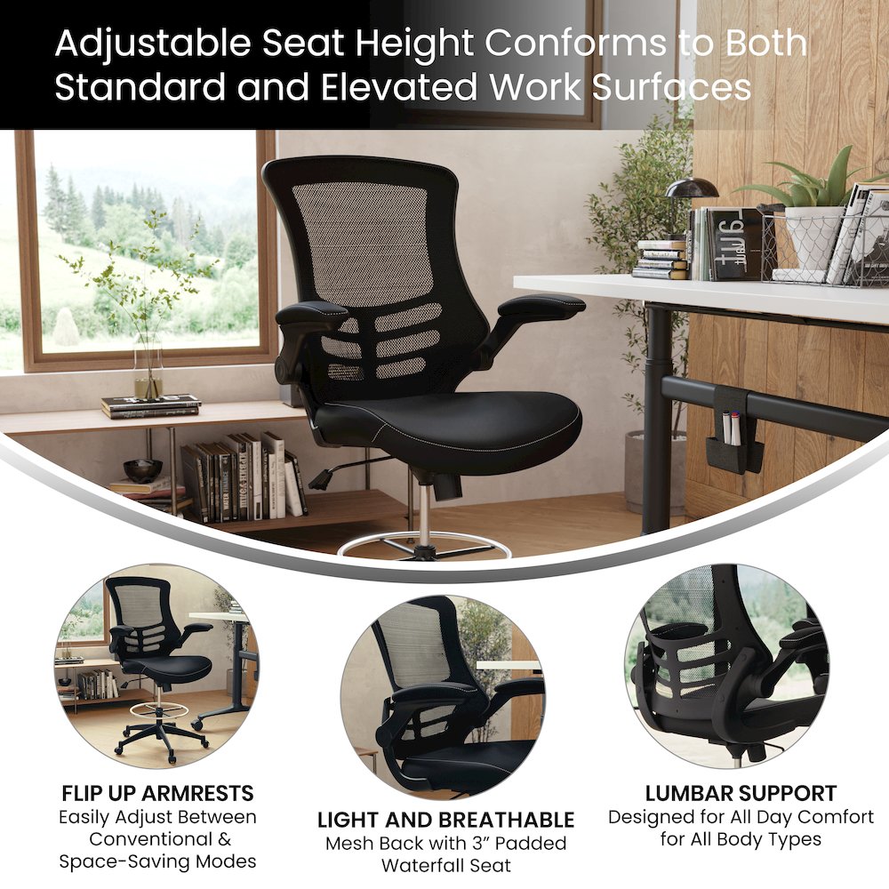 Mid-Back Black Mesh Ergonomic Drafting Chair with LeatherSoft Seat. Picture 5