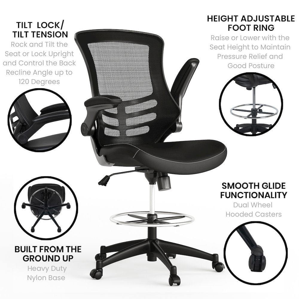 Mid-Back Black Mesh Ergonomic Drafting Chair with LeatherSoft Seat. Picture 6