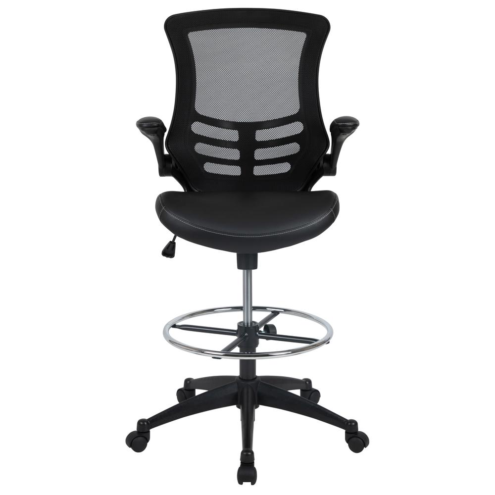 Mid-Back Black Mesh Ergonomic Drafting Chair with LeatherSoft Seat, Adjustable Foot Ring and Flip-Up Arms. Picture 5