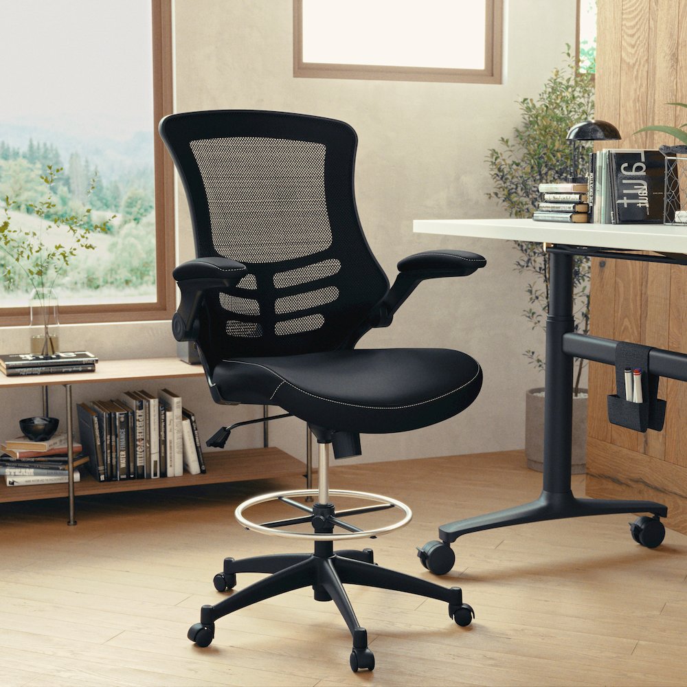 Mid-Back Black Mesh Ergonomic Drafting Chair with LeatherSoft Seat. Picture 2