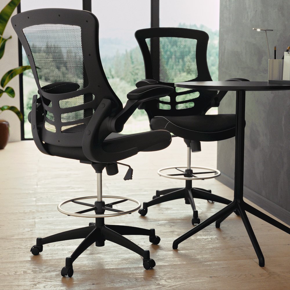 Mid-Back Black Mesh Ergonomic Drafting Chair with LeatherSoft Seat. Picture 8