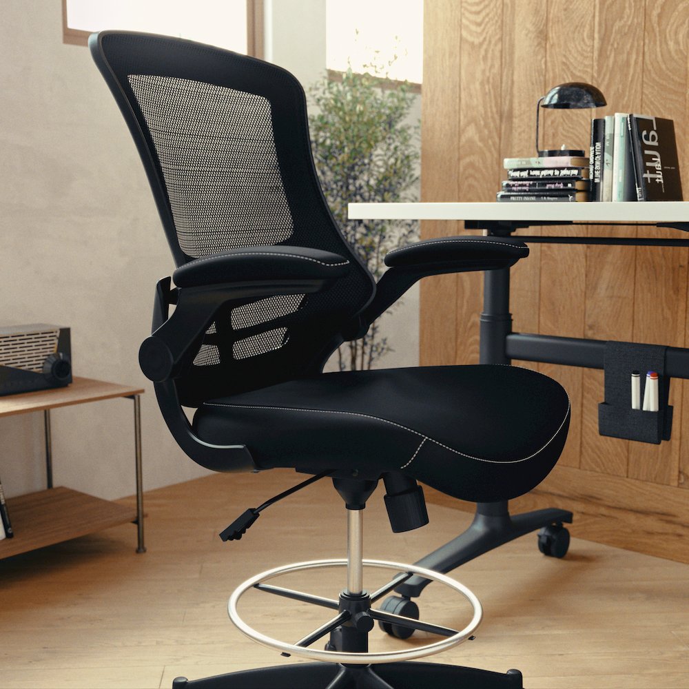 Mid-Back Black Mesh Ergonomic Drafting Chair with LeatherSoft Seat. Picture 9