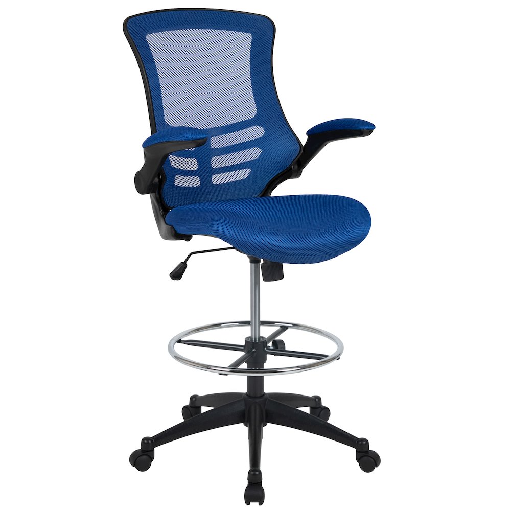 Mid-Back Blue Mesh Drafting Chair with Adjustable Foot Ring and Flip-Up Arms. Picture 1