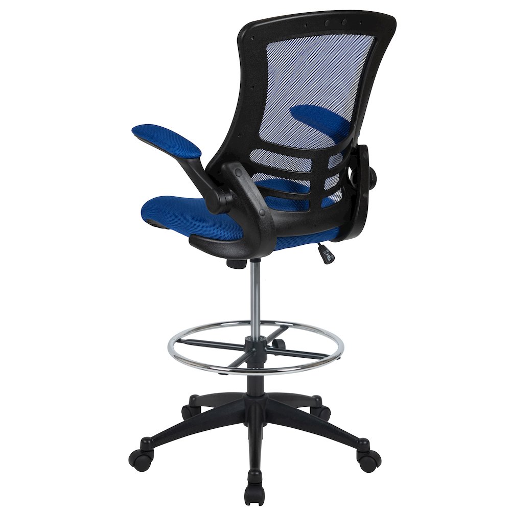 Mid-Back Blue Mesh Drafting Chair with Adjustable Foot Ring and Flip-Up Arms. Picture 10