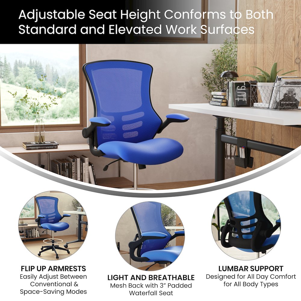 Mid-Back Blue Mesh Drafting Chair with Adjustable Foot Ring and Flip-Up Arms. Picture 5