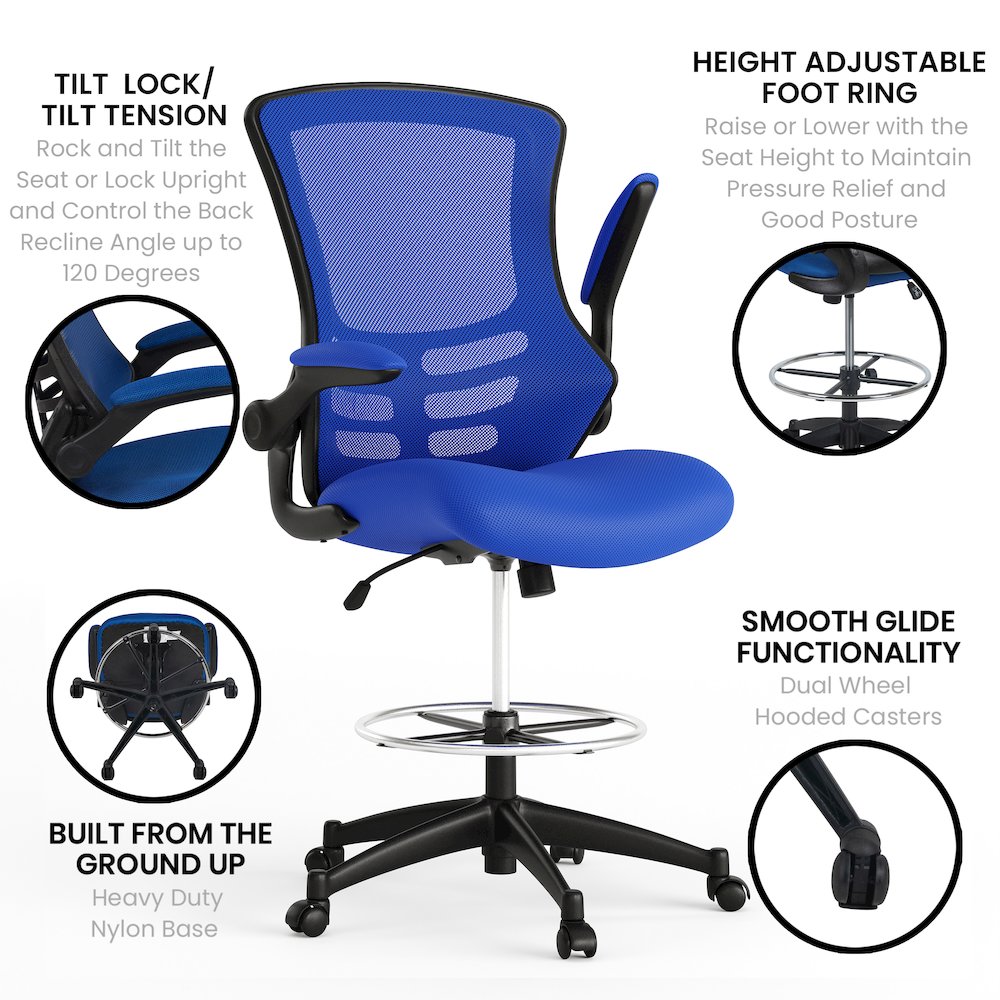Mid-Back Blue Mesh Drafting Chair with Adjustable Foot Ring and Flip-Up Arms. Picture 6