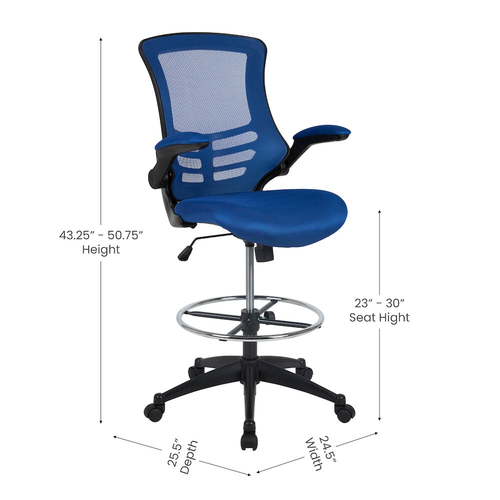 Mid-Back Blue Mesh Drafting Chair with Adjustable Foot Ring and Flip-Up Arms. Picture 7