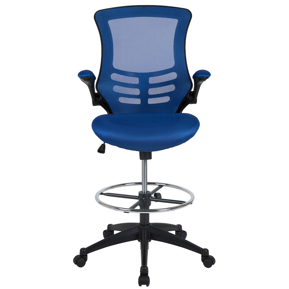 Mid-Back Blue Mesh Drafting Chair with Adjustable Foot Ring and Flip-Up Arms. Picture 13