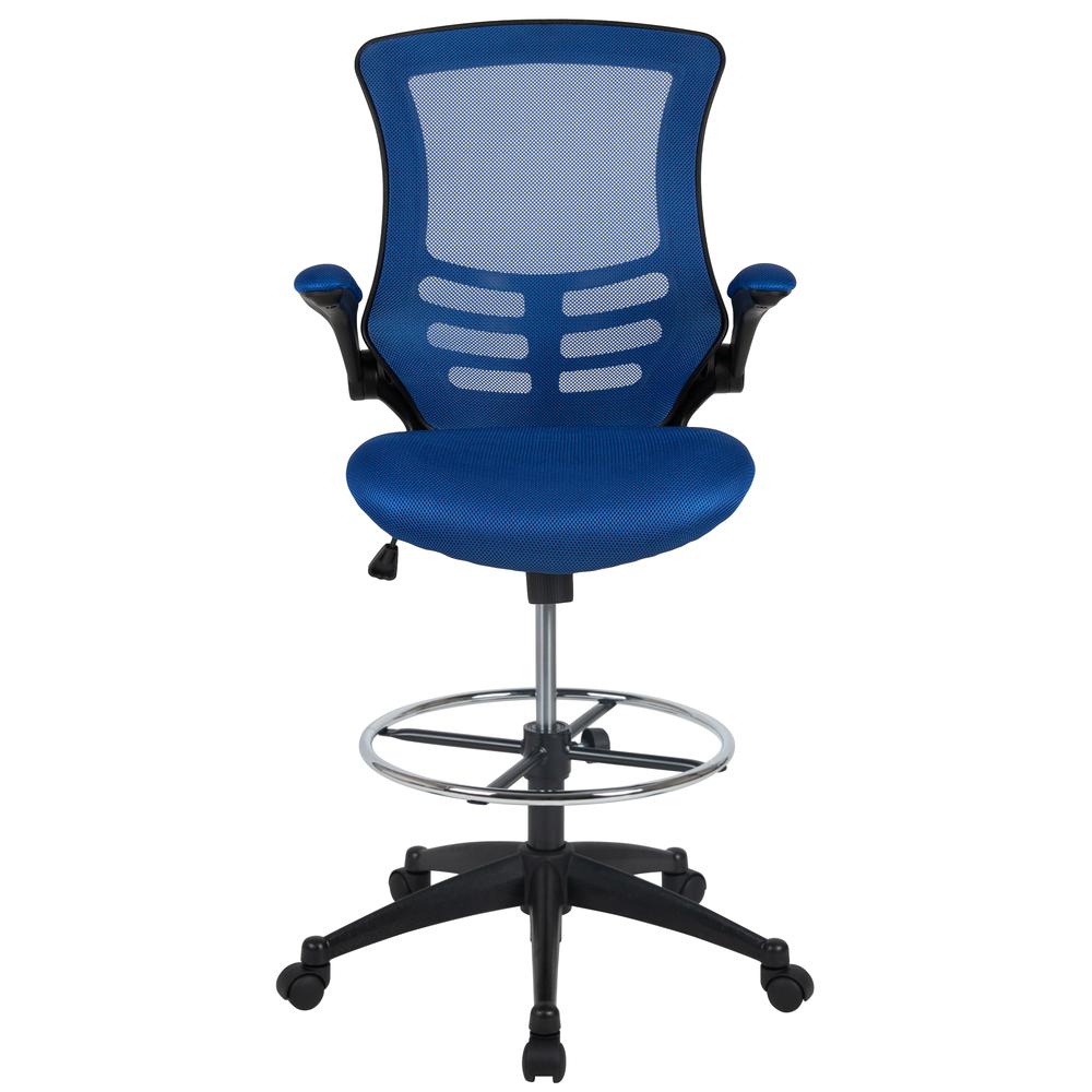 Mid Back Blue Mesh Ergonomic Drafting Chair with Adjustable Foot Ring and Flip-Up Arms. Picture 5