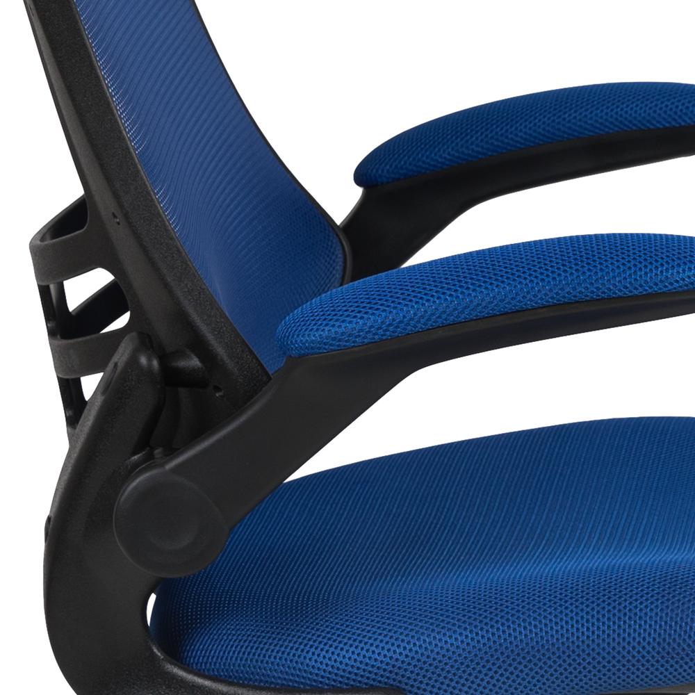 Mid Back Blue Mesh Ergonomic Drafting Chair with Adjustable Foot Ring and Flip-Up Arms. Picture 7