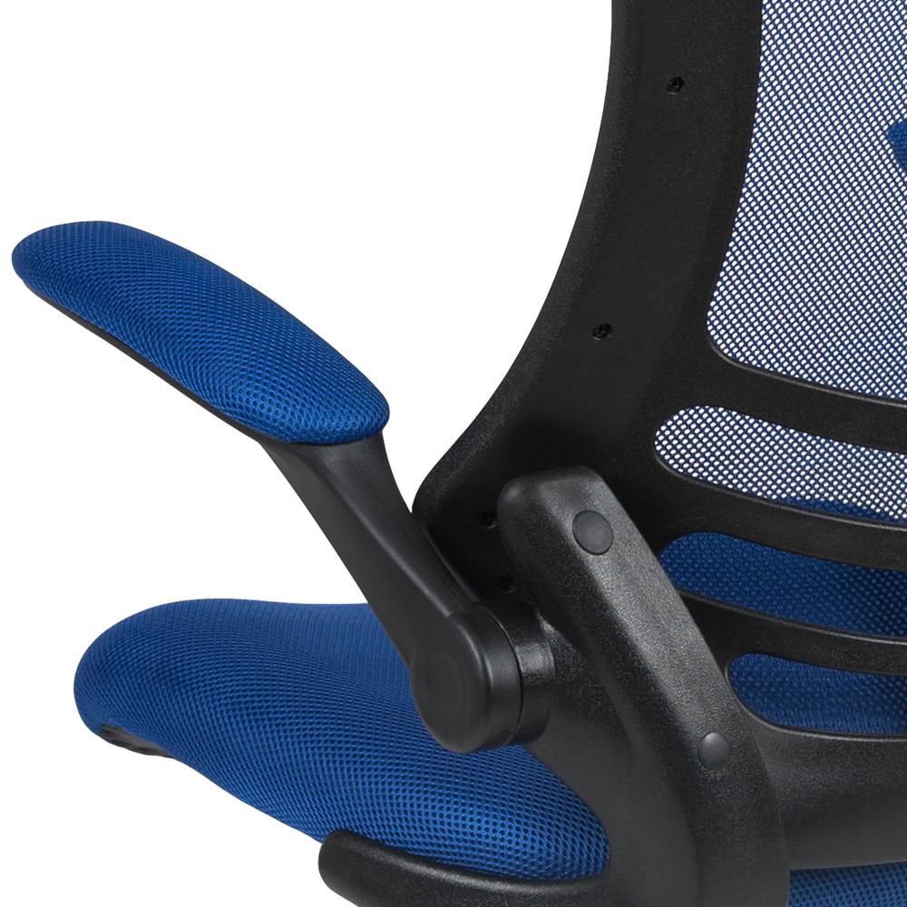 Mid Back Blue Mesh Ergonomic Drafting Chair with Adjustable Foot Ring and Flip-Up Arms. Picture 8