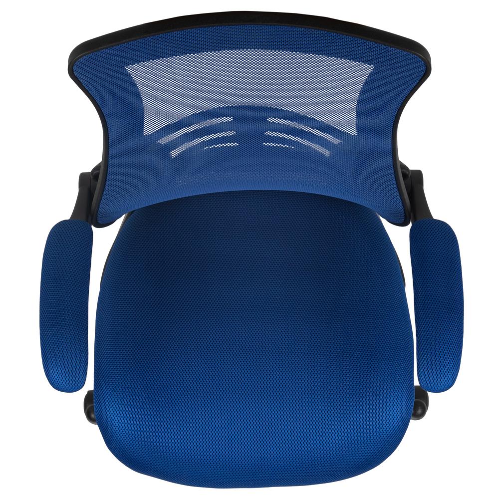 Mid Back Blue Mesh Ergonomic Drafting Chair with Adjustable Foot Ring and Flip-Up Arms. Picture 9