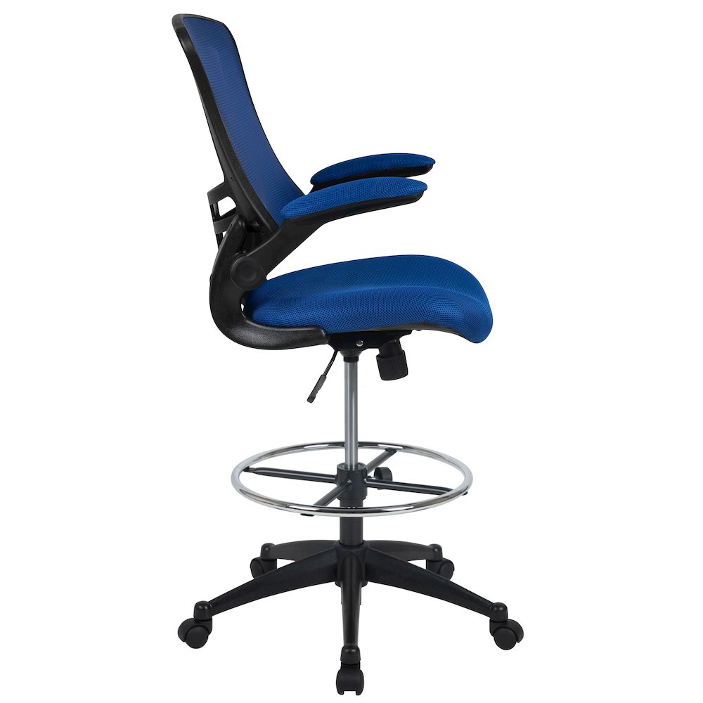 Mid-Back Blue Mesh Drafting Chair with Adjustable Foot Ring and Flip-Up Arms. Picture 12