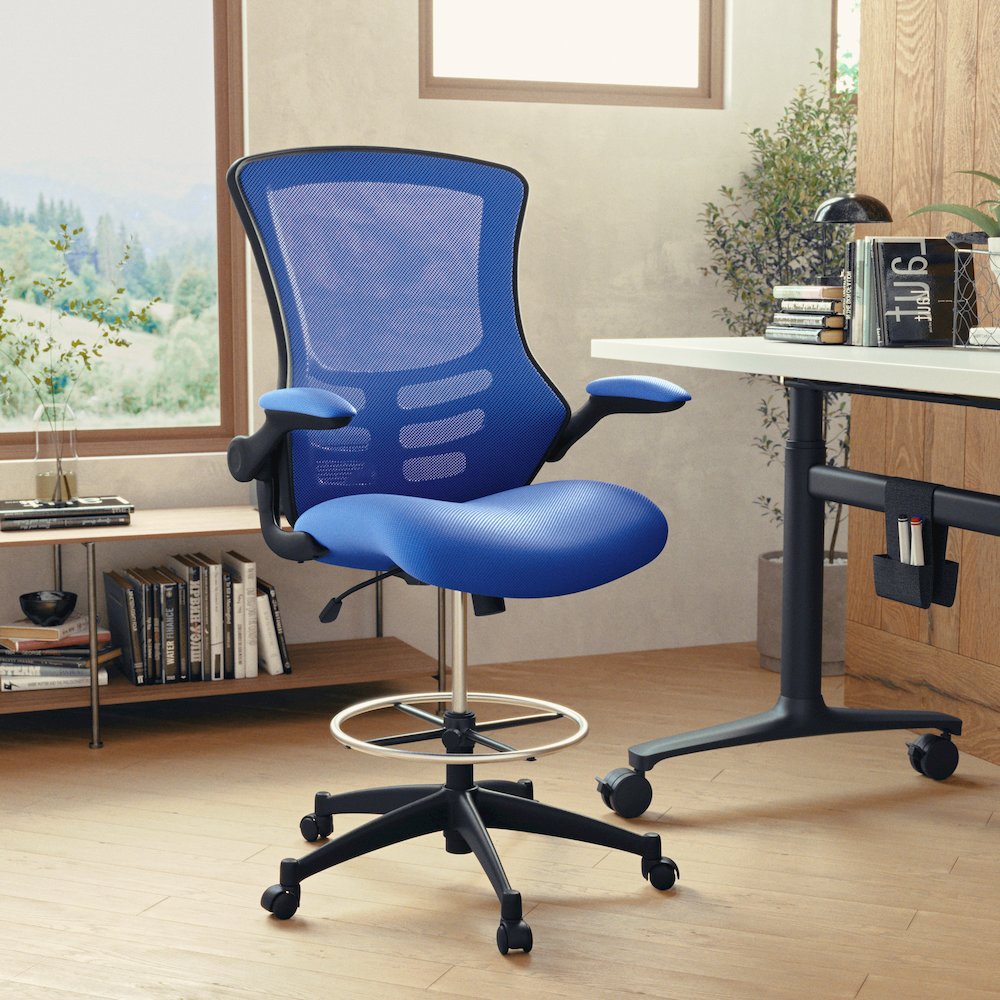 Mid-Back Blue Mesh Drafting Chair with Adjustable Foot Ring and Flip-Up Arms. Picture 2