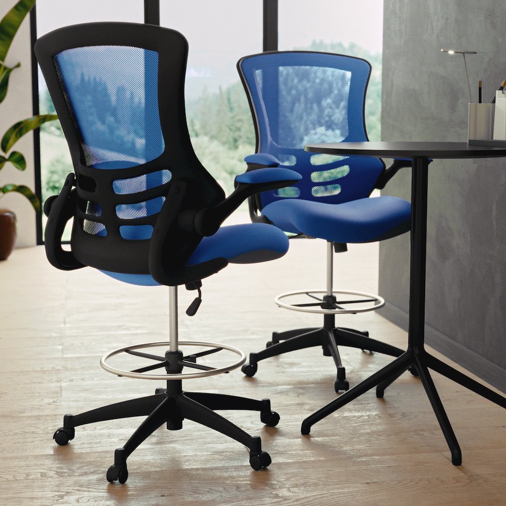 Mid-Back Blue Mesh Drafting Chair with Adjustable Foot Ring and Flip-Up Arms. Picture 8