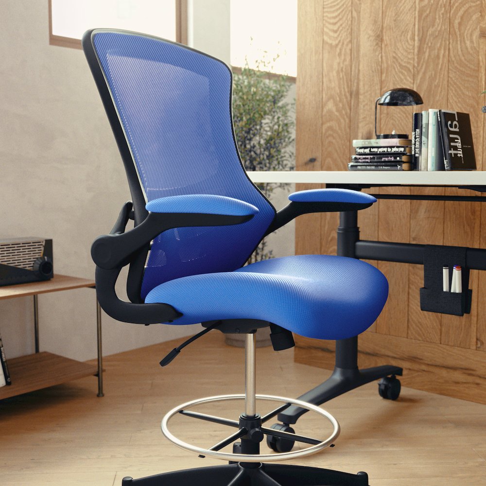 Mid-Back Blue Mesh Drafting Chair with Adjustable Foot Ring and Flip-Up Arms. Picture 9