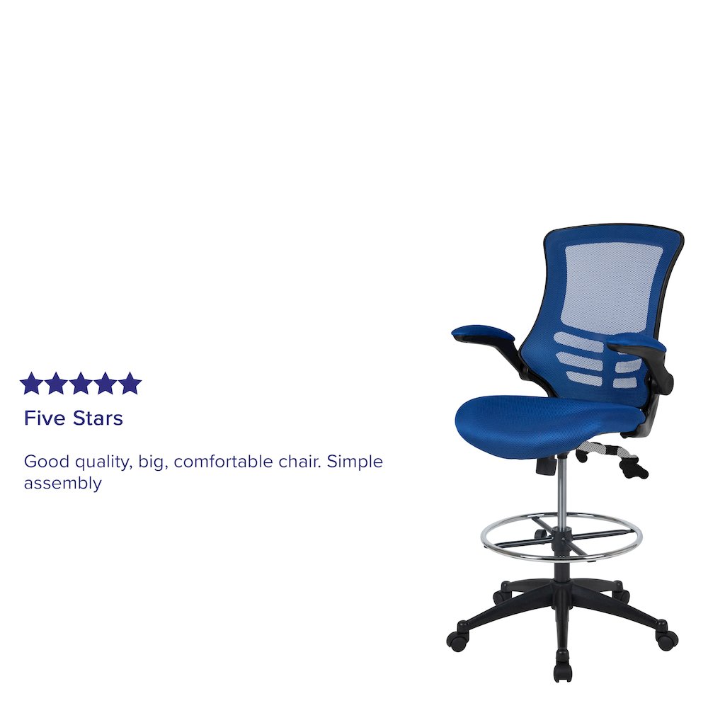 Mid-Back Blue Mesh Drafting Chair with Adjustable Foot Ring and Flip-Up Arms. Picture 4