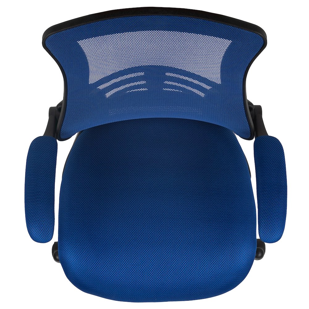 Mid-Back Blue Mesh Drafting Chair with Adjustable Foot Ring and Flip-Up Arms. Picture 14