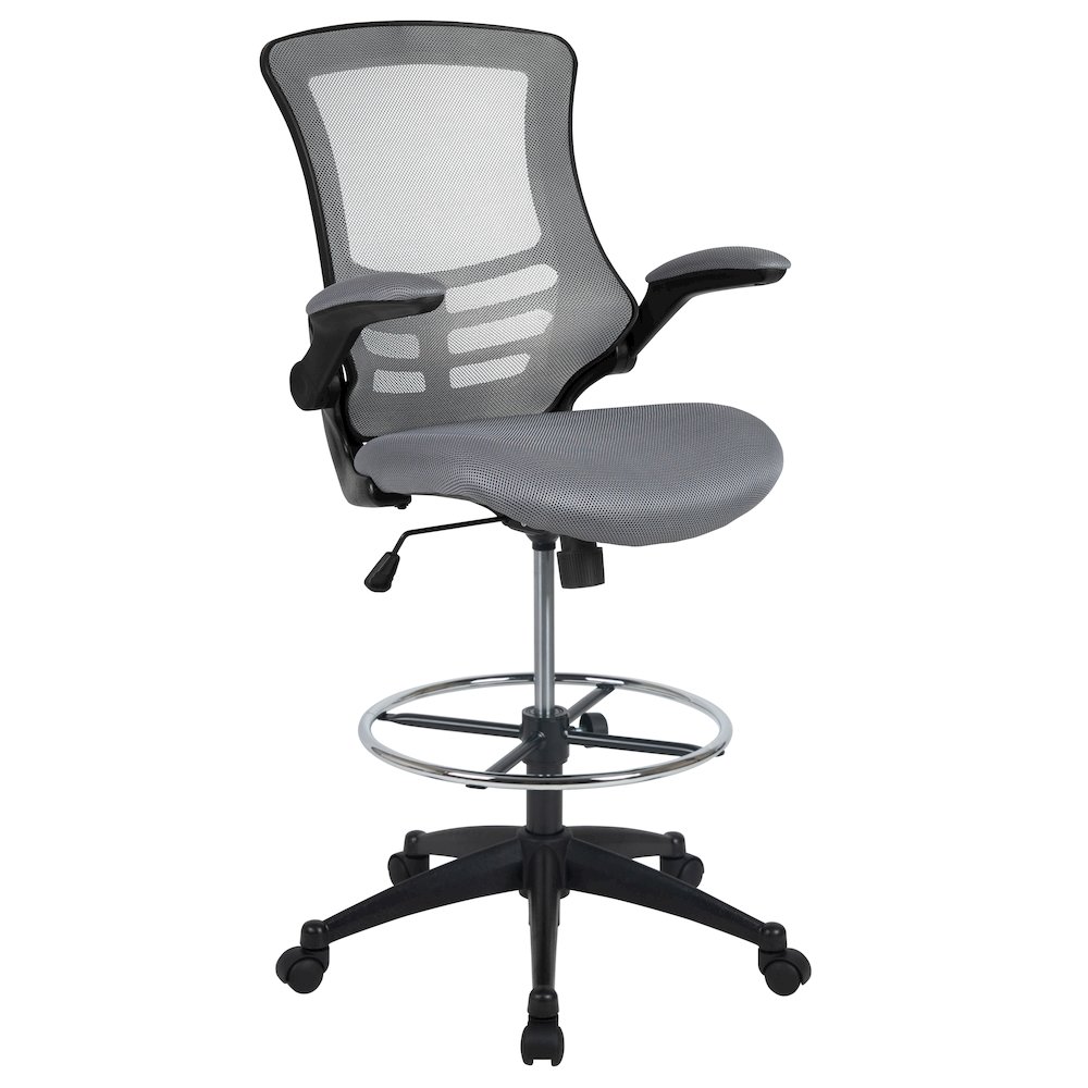 Mid Back Dark Gray Mesh Ergonomic Drafting Chair with Adjustable Foot Ring and Flip-Up Arms. Picture 1