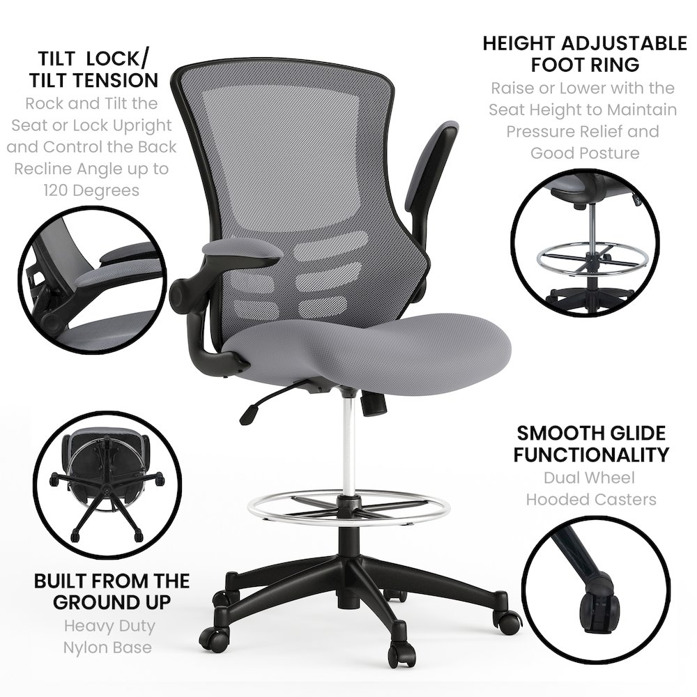 Mid-Back Dark Gray Mesh Drafting Chair with Adjustable Foot Ring. Picture 6