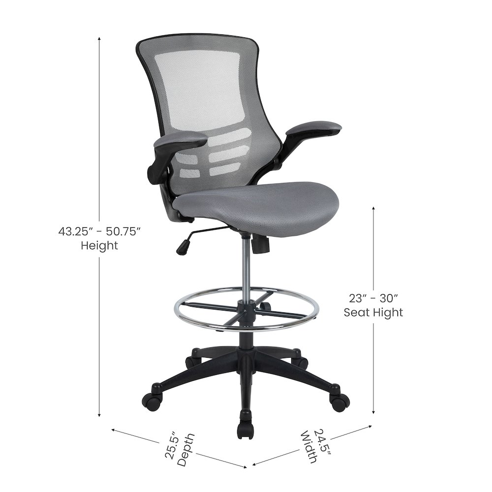 Mid Back Dark Gray Mesh Ergonomic Drafting Chair with Adjustable Foot Ring and Flip-Up Arms. Picture 2