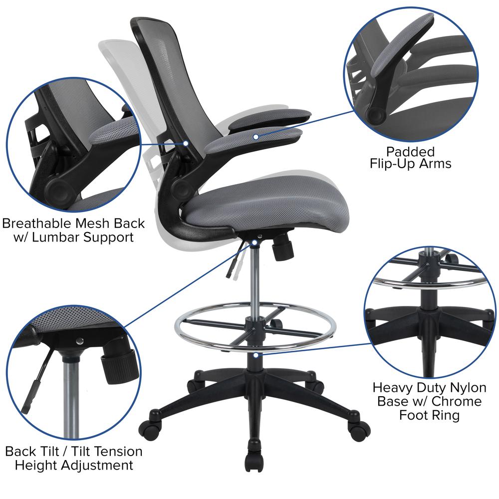 Mid Back Dark Gray Mesh Ergonomic Drafting Chair with Adjustable Foot Ring and Flip-Up Arms. Picture 6
