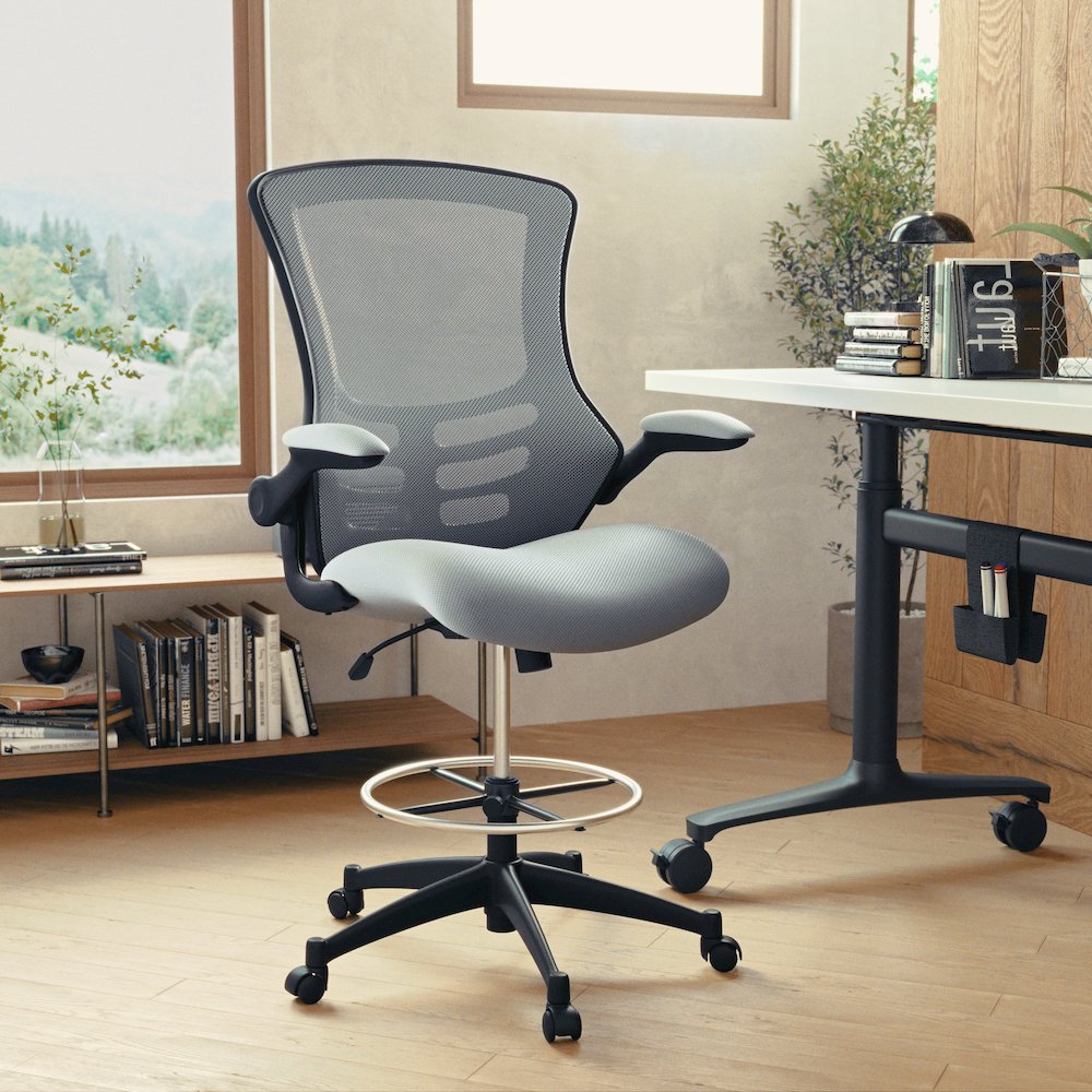 Mid Back Dark Gray Mesh Ergonomic Drafting Chair with Adjustable Foot Ring and Flip-Up Arms. Picture 11