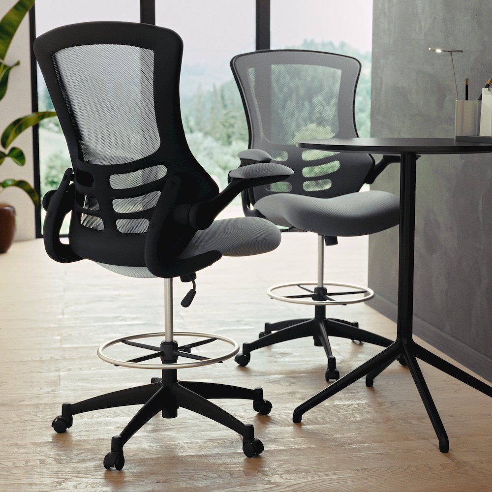 Mid-Back Dark Gray Mesh Drafting Chair with Adjustable Foot Ring. Picture 8