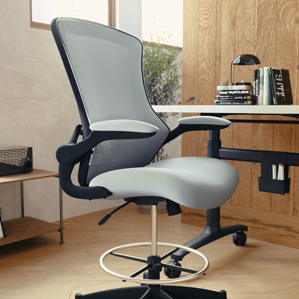 Mid-Back Dark Gray Mesh Drafting Chair with Adjustable Foot Ring. Picture 9