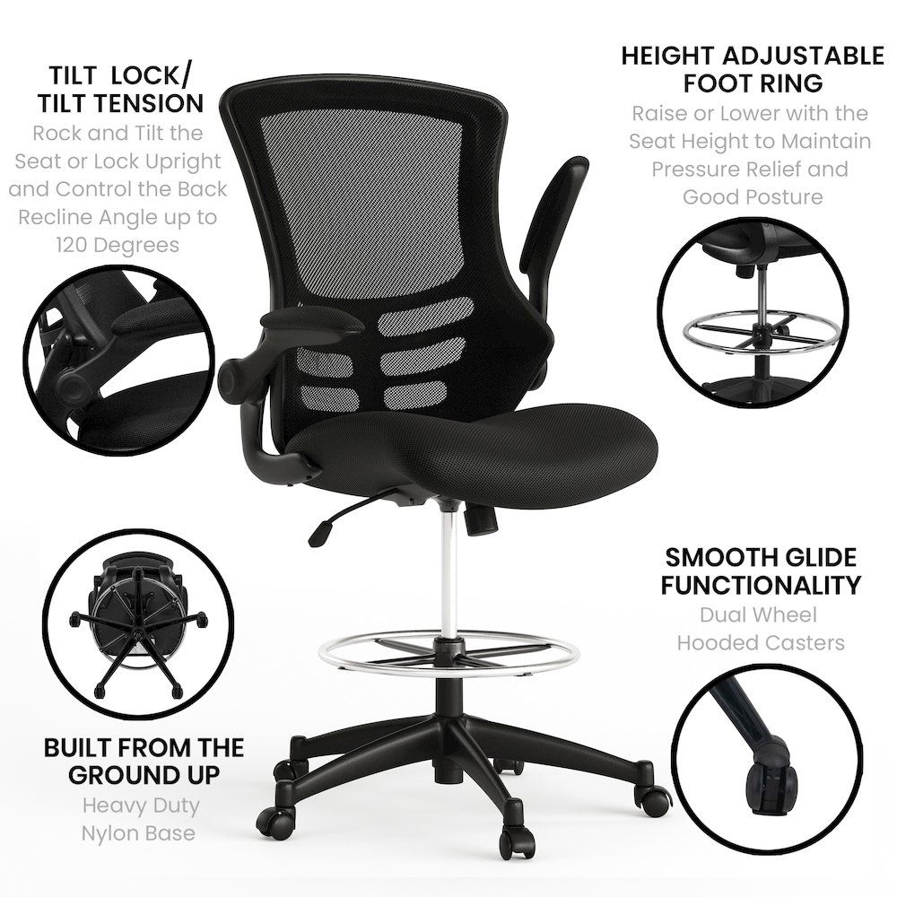 Mid-Back Black Mesh Drafting Chair with Adjustable Foot Ring and Flip-Up Arms. Picture 6